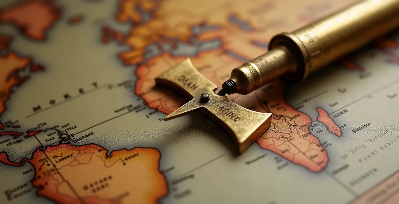 Vue macro d'une boussole dorée sur carte ancienne avec focus sur les destinations d'investissement