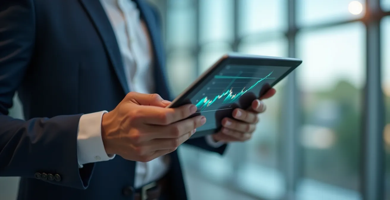 Gros plan des mains d'un investisseur tenant une tablette avec graphiques financiers, bureau moderne en arrière-plan