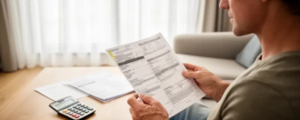 Personne consultant des documents immobiliers avec calculatrice sur table de salon