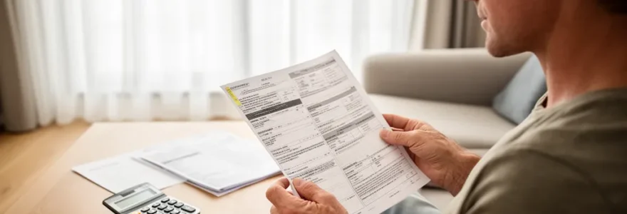 Personne consultant des documents immobiliers avec calculatrice sur table de salon