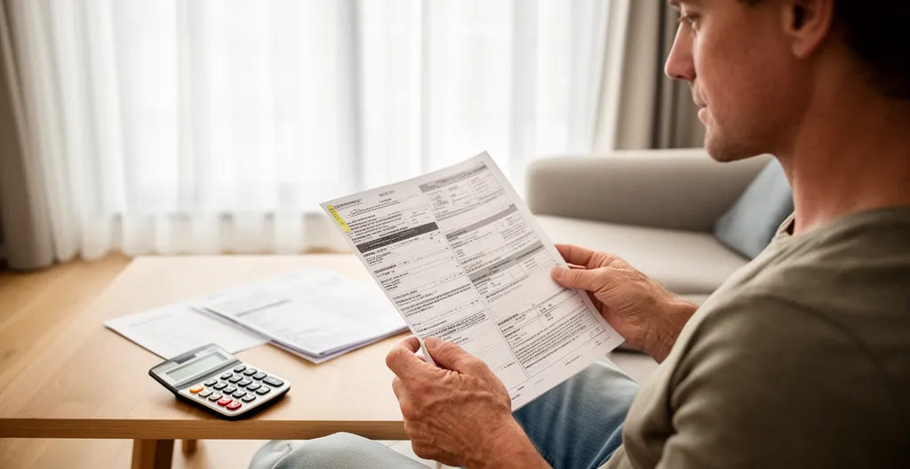 Personne consultant des documents immobiliers avec calculatrice sur table de salon