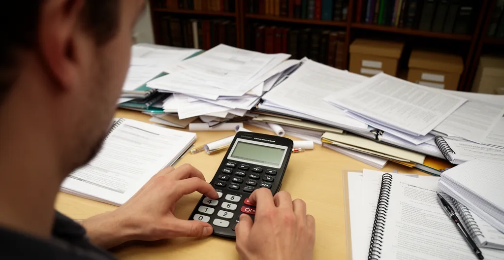 Vue par-dessus l'épaule d'une personne utilisant une calculatrice sur un bureau