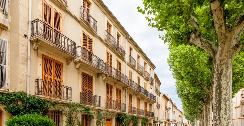 Façade d'immeuble résidentiel avec balcons dans une rue méditerranéenne
