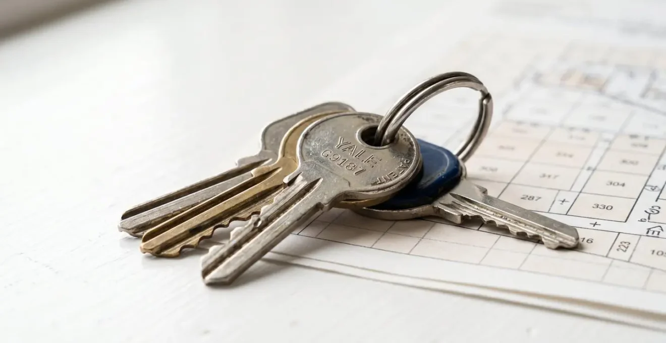 Gros plan sur des clés de maison posées sur un document cadastral dont le texte apparaît totalement flouté en arrière-plan