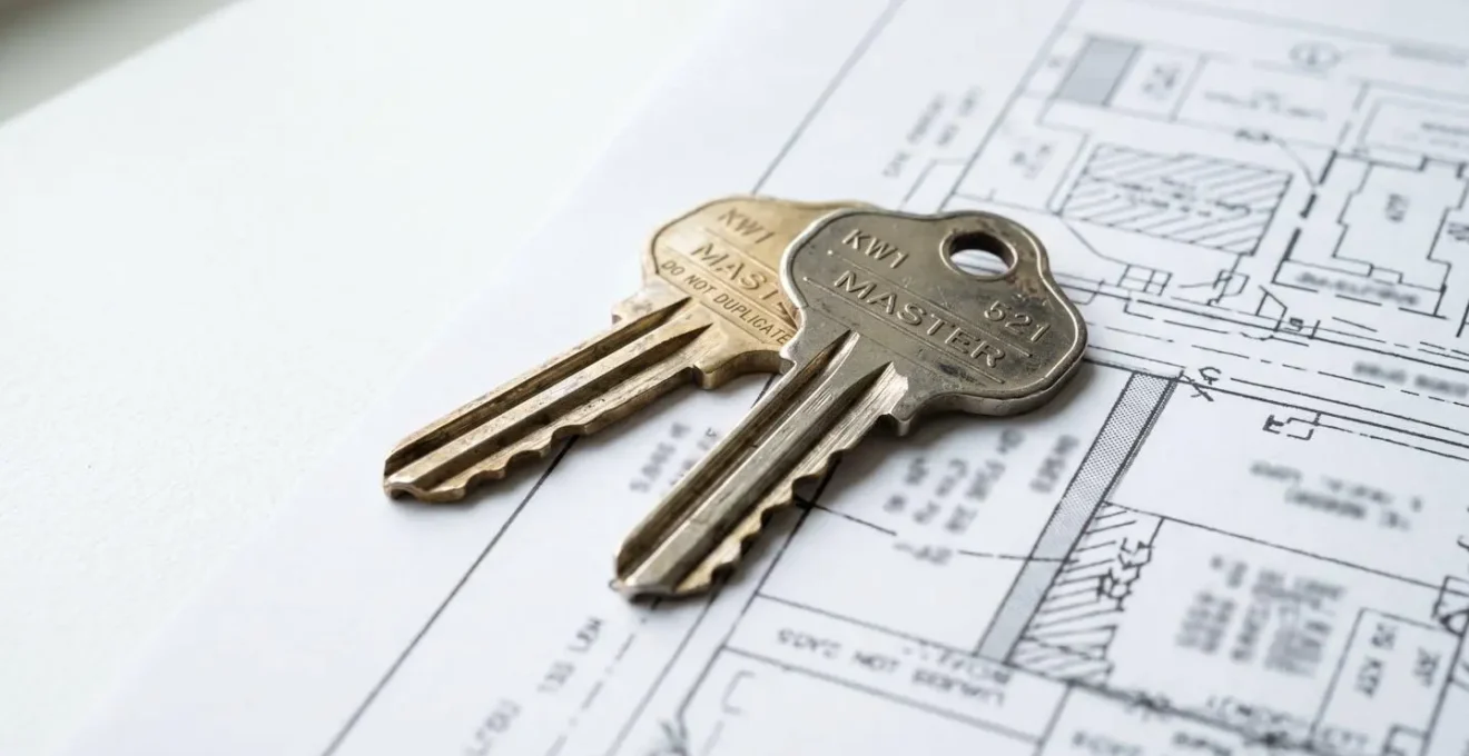 Gros plan sur des clés de maison posées sur un document cadastral dont le texte apparaît totalement flouté en arrière-plan