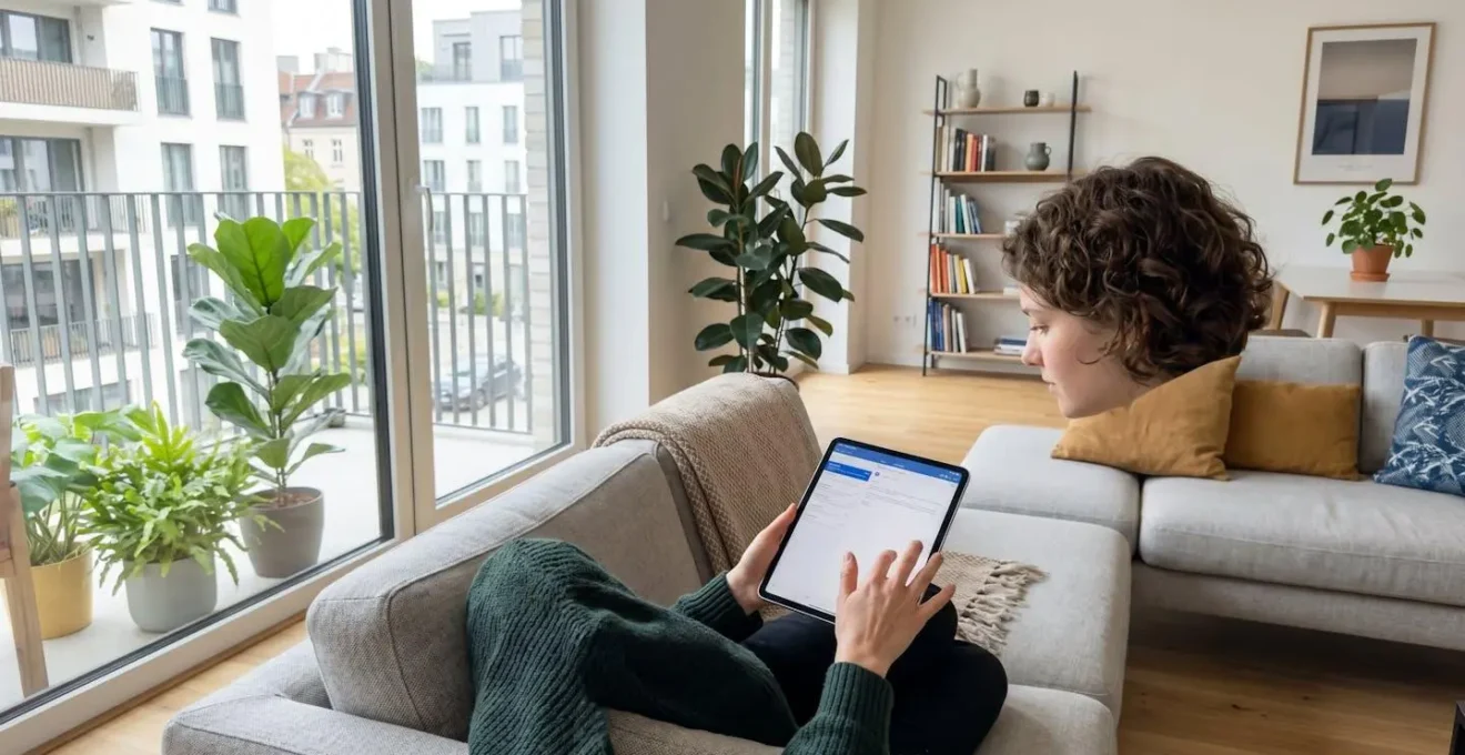 Vue de dos d'une personne assise sur un canapé contemporain consultant une tablette dans un salon lumineux avec grande fenêtre