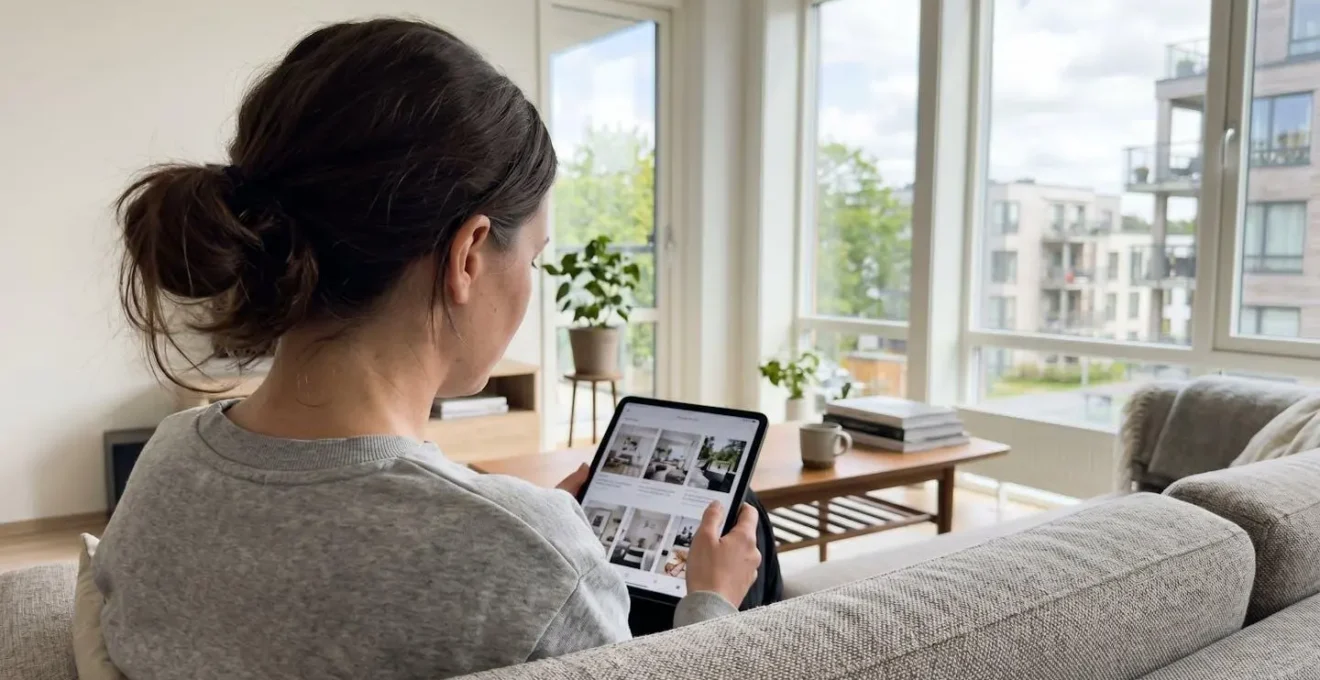 Vue de dos d'une personne assise sur un canapé contemporain consultant une tablette dans un salon lumineux avec grande fenêtre