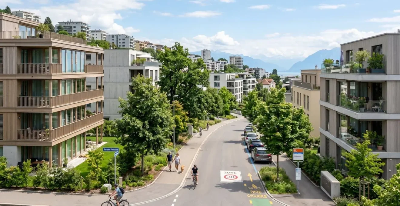 Rue d'un quartier résidentiel contemporain à Lausanne avec immeubles modernes et espaces verts sous un ciel lumineux