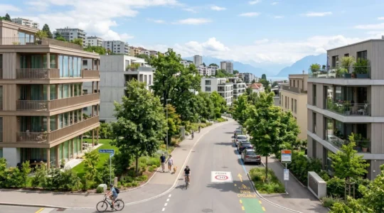 Rue d'un quartier résidentiel contemporain à Lausanne avec immeubles modernes et espaces verts sous un ciel lumineux