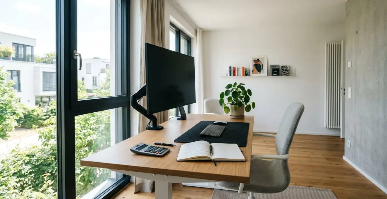 Bureau moderne lumineux avec grand écran d'ordinateur éteint, carnet de notes, calculatrice et plante verte sur surface bois clair, lumière naturelle traversant la fenêtre
