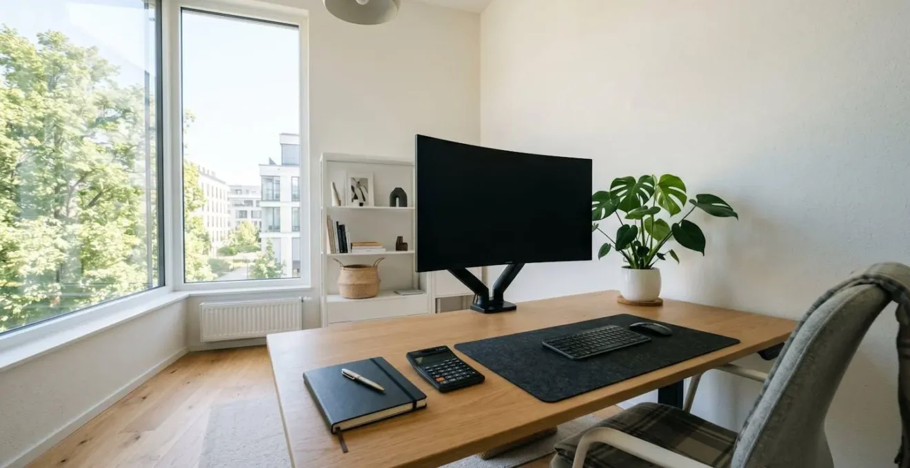 Bureau moderne lumineux avec grand écran d'ordinateur éteint, carnet de notes, calculatrice et plante verte sur surface bois clair, lumière naturelle traversant la fenêtre