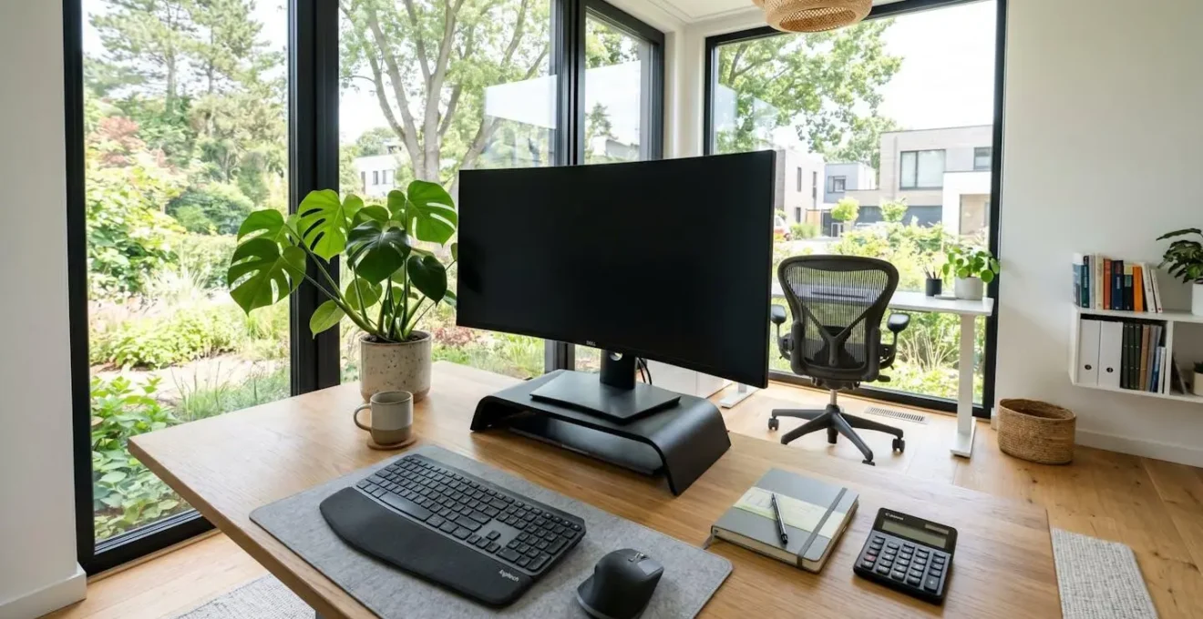 Bureau moderne lumineux avec grand écran d'ordinateur éteint, carnet de notes, calculatrice et plante verte sur surface bois clair, lumière naturelle traversant la fenêtre