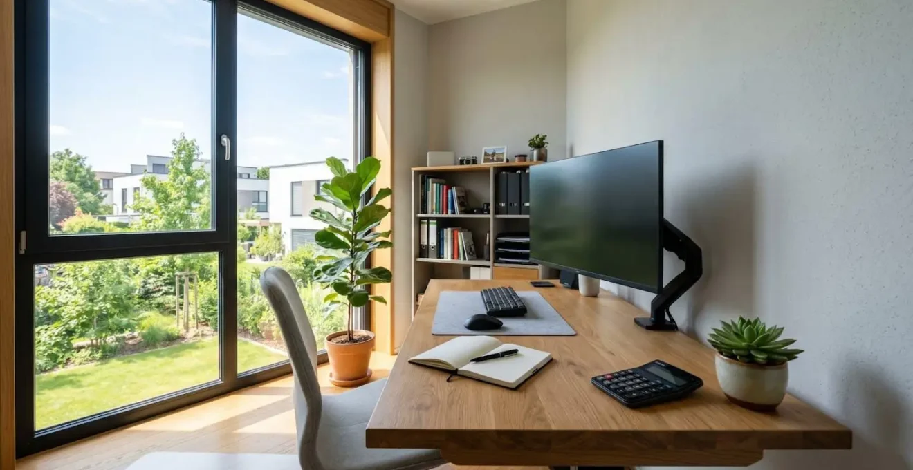 Bureau moderne lumineux avec grand écran d'ordinateur éteint, carnet de notes, calculatrice et plante verte sur surface bois clair, lumière naturelle traversant la fenêtre