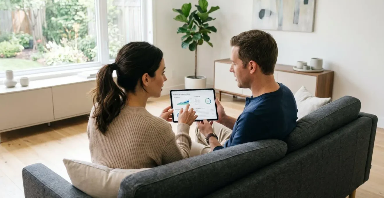 Un couple trentenaire assis côte à côte sur un canapé contemporain consulte ensemble une tablette, lumière naturelle traversant la fenêtre, expression concentrée et sereine