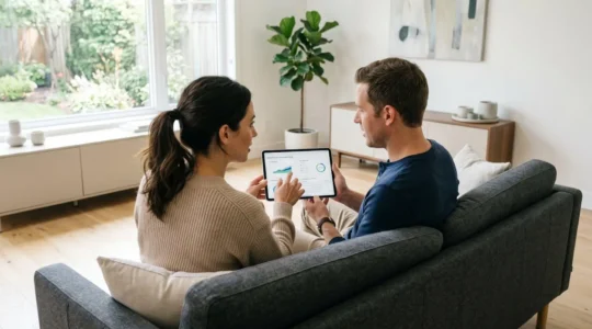 Un couple trentenaire assis côte à côte sur un canapé contemporain consulte ensemble une tablette, lumière naturelle traversant la fenêtre, expression concentrée et sereine