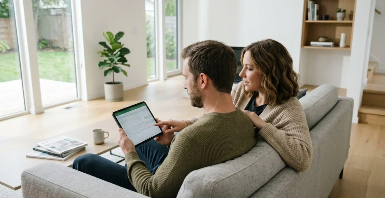 Un couple trentenaire assis côte à côte sur un canapé contemporain consulte ensemble une tablette, lumière naturelle traversant la fenêtre, expression concentrée et sereine