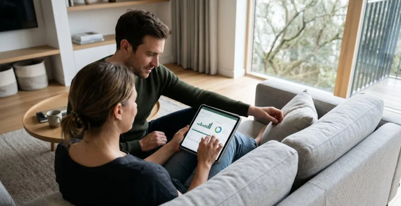 Un couple trentenaire assis côte à côte sur un canapé contemporain consulte ensemble une tablette, lumière naturelle traversant la fenêtre, expression concentrée et sereine
