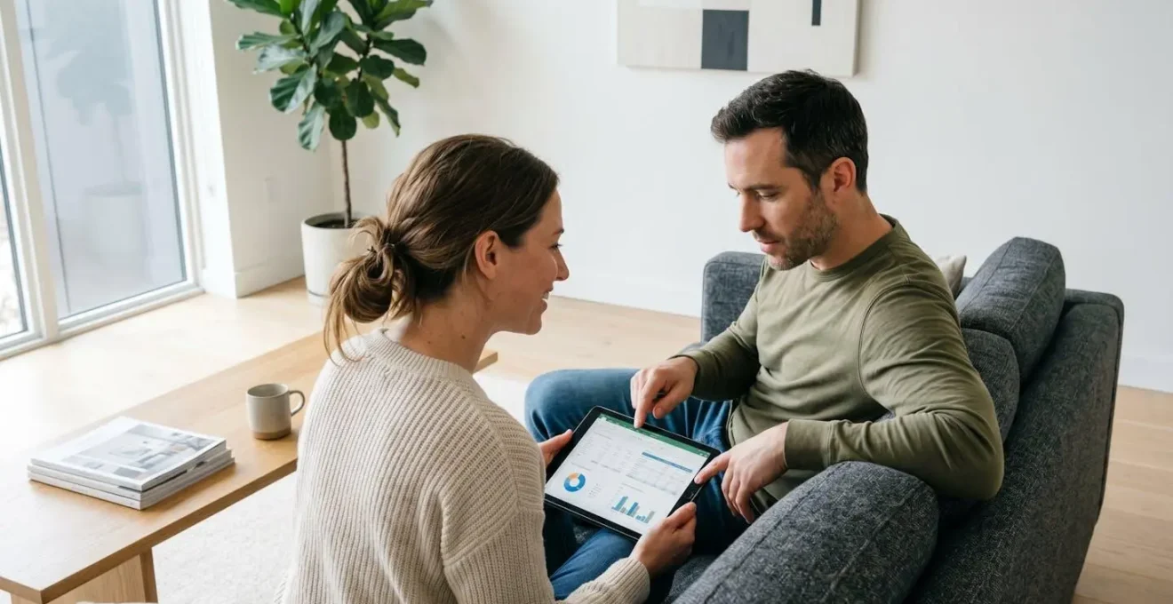 Un couple trentenaire assis côte à côte sur un canapé contemporain consulte ensemble une tablette, lumière naturelle traversant la fenêtre, expression concentrée et sereine