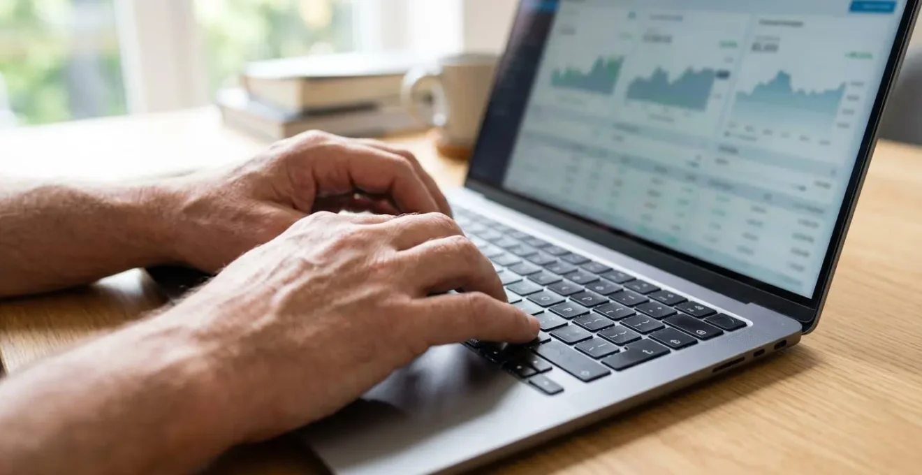 Gros plan sur des mains adultes tapant sur un clavier d'ordinateur portable moderne, interface de simulateur financier partiellement visible et floutée à l'écran