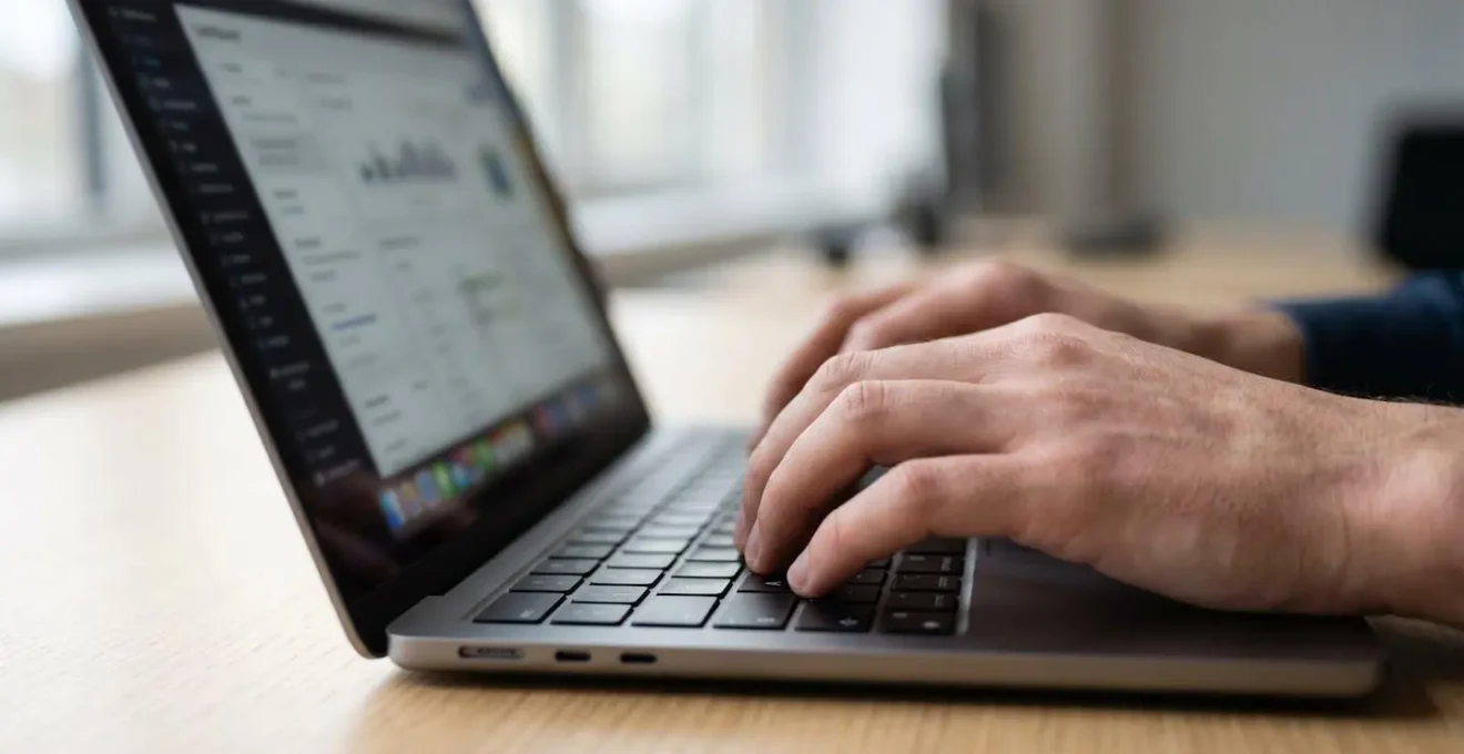 Gros plan sur des mains adultes tapant sur un clavier d'ordinateur portable moderne, interface de simulateur financier partiellement visible et floutée à l'écran