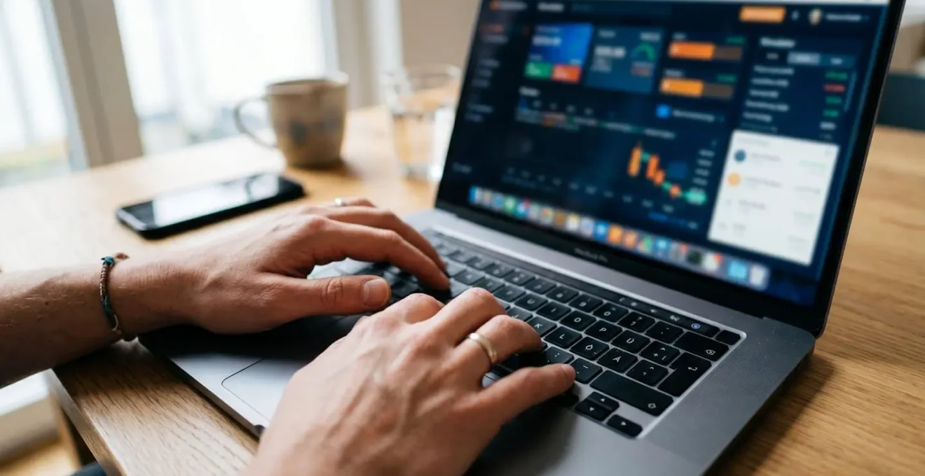 Gros plan sur des mains adultes tapant sur un clavier d'ordinateur portable moderne, interface de simulateur financier partiellement visible et floutée à l'écran