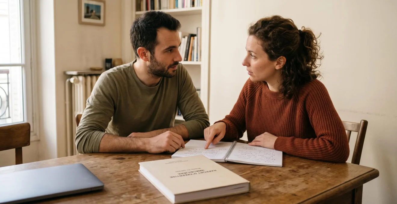 Un couple assis à une table examine des notes manuscrites pour préparer le financement de son projet immobilier.