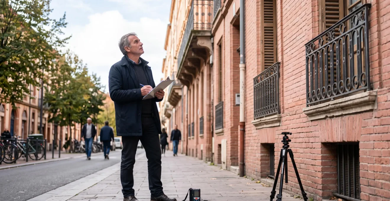 Un expert immobilier examine la façade en briques roses d'un immeuble toulousain depuis le trottoir, tablette en main.