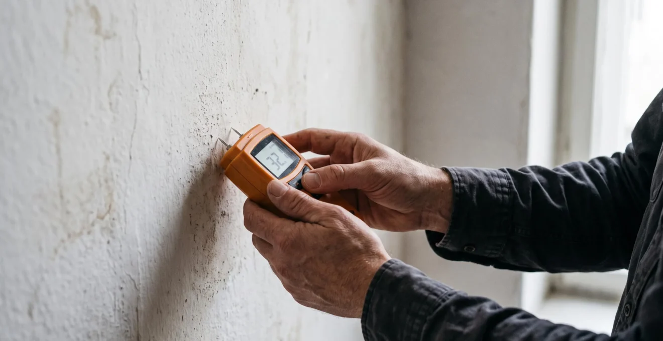 Un expert appuie un hygromètre portatif contre un mur intérieur pour mesurer l'humidité lors d'une inspection.