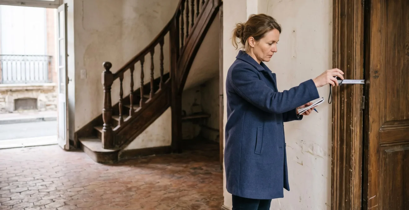 Une experte mesure l'encadrement d'une porte dans le hall d'une maison ancienne toulousaine avec un mètre ruban.